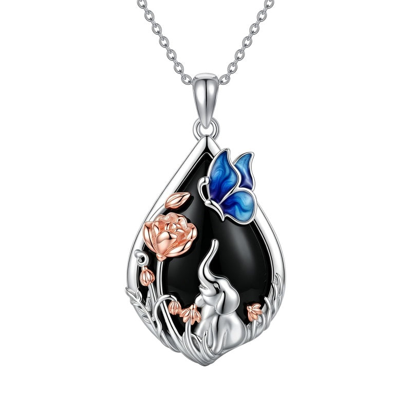 Sterling Silver Obsidian Bunny Cat Elephant Dog Fox Teardrop Pendant Necklace