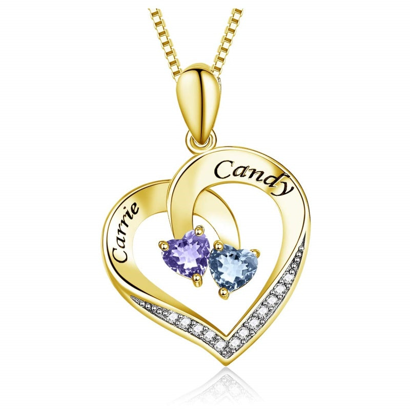 14K Gold 2  Simulated Birthstone Personalized Engraved Pendant Necklace for Women