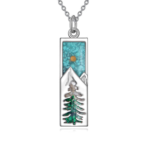 Sterling Silver Mountain Bear Pine Tree Sun Ocean Snowy Mountain Pendant Necklace