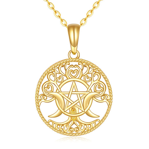 14K Gold Pentagram Pentacle Necklace Triple Moon Goddess Pentacle Necklace for Women Real Yellow Gold Pagan Wiccan Magic Amulet Necklace Jewelry Gifts
