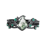 Sterling Silver 10K 14K 18K Gold  Personalized  Engraved Pear Kite Round Cut Moss Agate Engagement Ring Set