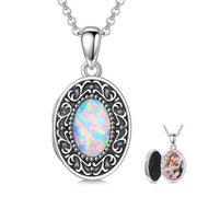 Sterling Silver Opal Vintage Filigree Photo Locket Necklace
