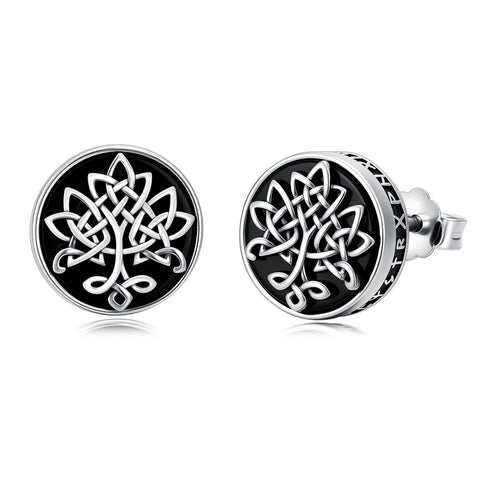 Sterling Silver Black Onyx Tree of Life Ankh Cross Skull Valknu Viking Stud Earrings