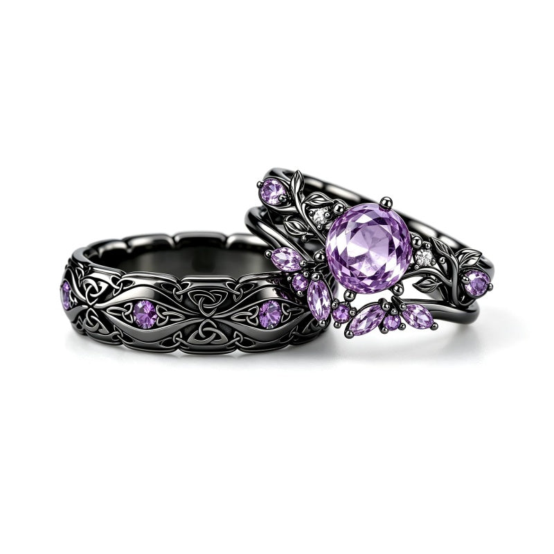 Sterling Silver 10K 14K 18K Gold Purple Gemstone Amethyst  Rings Set Couple Promise Rings Wedding Anniversary Rings