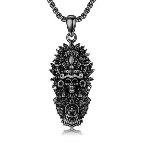 Sterling Silver Mictlantecuhtli Quetzalcoatl Tezcatlipoca Skull Pendant Necklace Aztec Jewelry