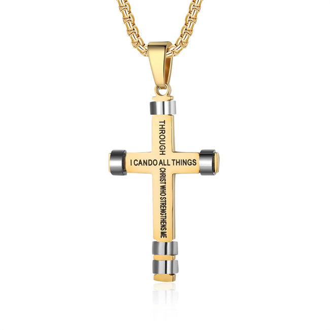 Philippians 4:13 Cross Necklace for Men Strength Bible Verse I CAN DO ALL THINGS Pendant Stainless Steel Chain Meaningful Jewelry Gift for Boy