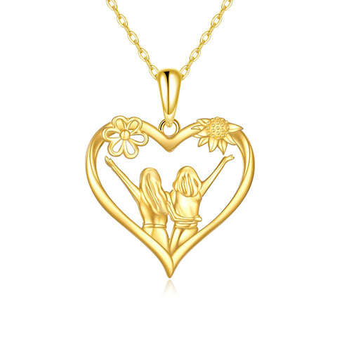 14K Solid Yellow Gold Sister Necklace for Women Love Heart Friendship Pendant Jewelry Gifts for Sister