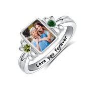 Sterling Silver Square Shaped Personalized Birthstone Engraved Photo Ring