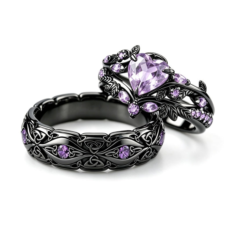Sterling Silver 10K 14K 18K Gold Purple Gemstone Amethyst  Rings Set Couple Promise Rings Wedding Anniversary Rings