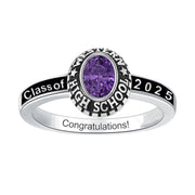 Sterling Silver Oval Personalized Birthstone Engraved Class Ring for Women