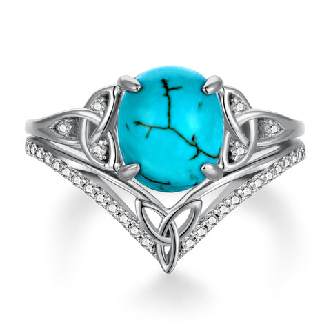 Sterling Silver Genuine Turquoise Engagement Wedding Ring Set for Women