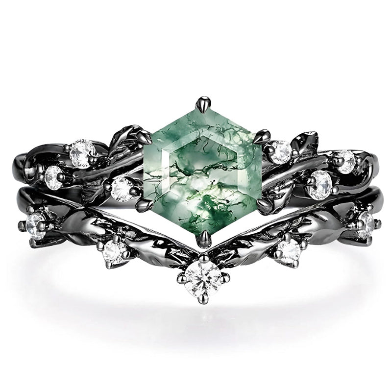 Sterling Silver 10K 14K 18K Gold Vintage Nature Moss Agate Engagement Ring Sets for Women