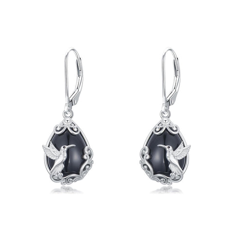 Sterling Silver Filigree Black Onyx  Bee Hummingbird Leverback Earrings