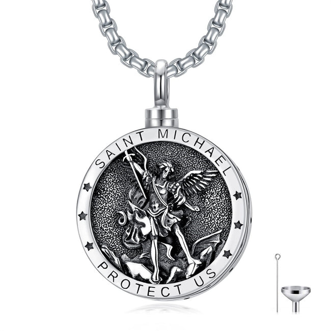 Saint Michael Urn Necklace  925 Sterling Silver Amulet Medal Jewelry for Men Women
