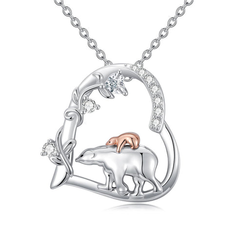 Sterling Silver Cubic Zircon Mother Daughter Mama Bear Giraffe Elephants Otters Penguins Heart Pendant Necklace