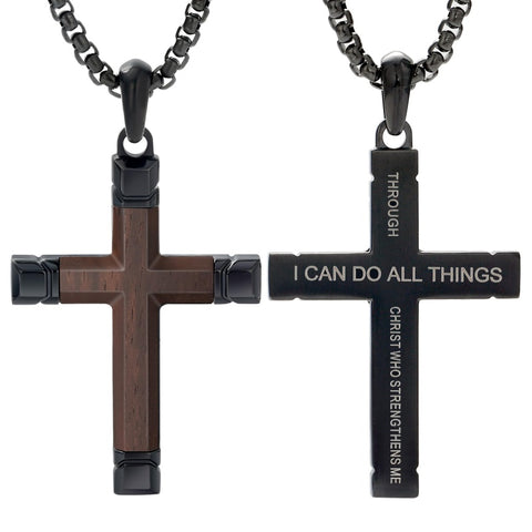 14K Gold  Plated Wooden Cross Crucifix Pendant Necklace for Men