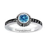 Sterling Silver Round Personalized Birthstone Engraved Class Ring for Women