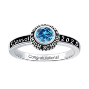 Sterling Silver Round Personalized Birthstone Engraved Class Ring for Women