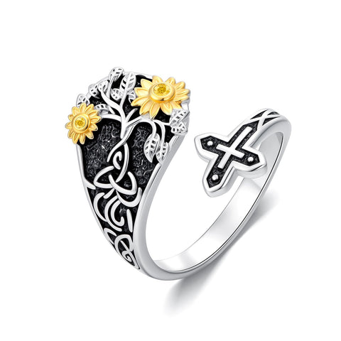 Sterling SilverJesus Cross Bee Cross  Dragonfly Cross Moonstone Sunflower Tree of Life Sunflower Adjustable Spoon Ring