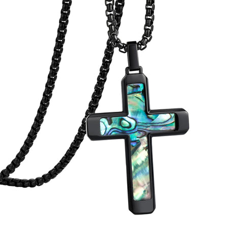 14K Gold Plated Wooden Abalone Shell Cross Pendant Necklacefor Men