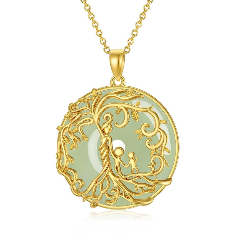 14k Gold Plated Sterling Silver Round Jade Tree of Life Necklace Good Fortune Jewelry for Women