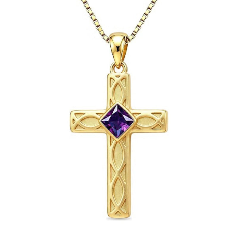 14K Gold Plated Birthstone Cross Pendant Necklace for Women  Anniversary Christmas Birthday Gift