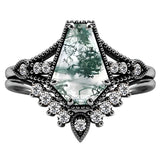 Sterling Silver 10K 14K 18K Gold Vintage Nature Moss Agate Engagement Ring Sets for Women