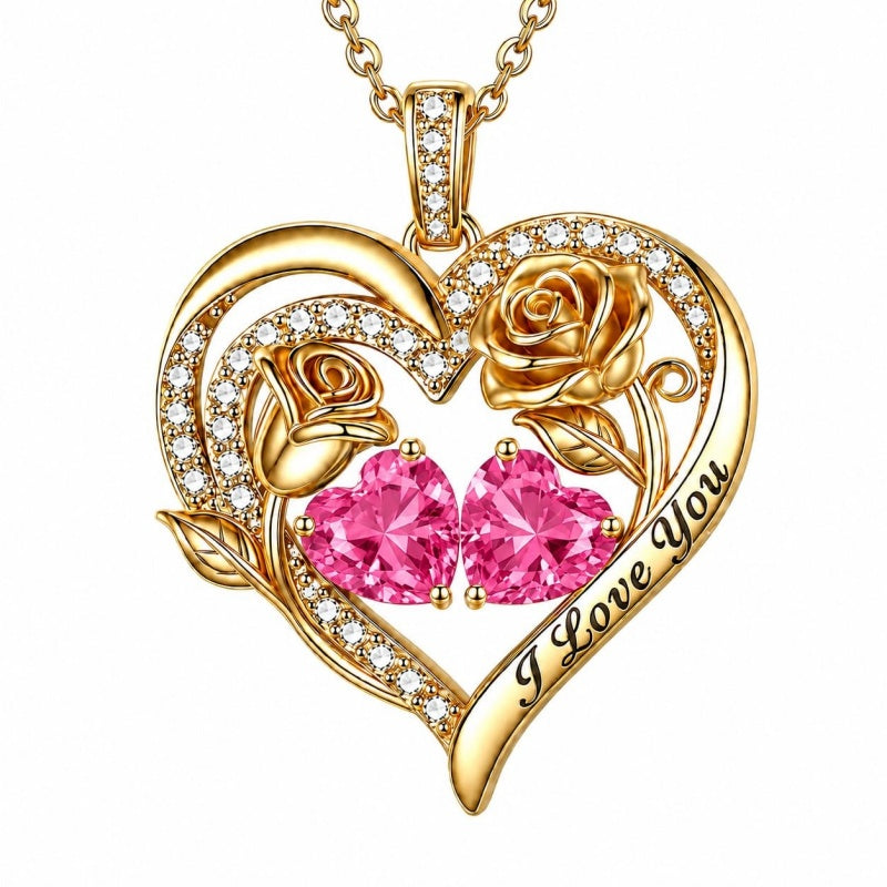 14K Gold Plated Double Heart Birthstone Rose Pendant Necklace for Women
