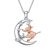 Witches Necklace Sterling Silver Cat Witch Hanging on Broom Jewelry Gifts for Women