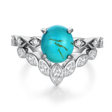 Sterling Silver Genuine Turquoise Engagement Wedding Ring Set for Women