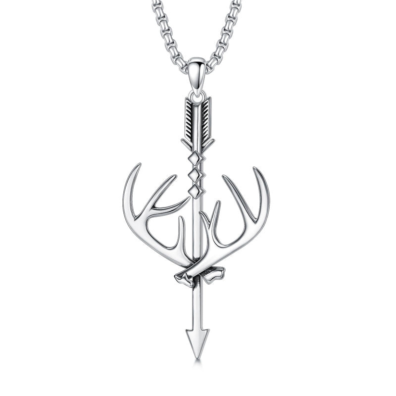 Sterling Silver Cross Deer Antler Fish Hook Hunting Pendant Necklace for Men, Silver