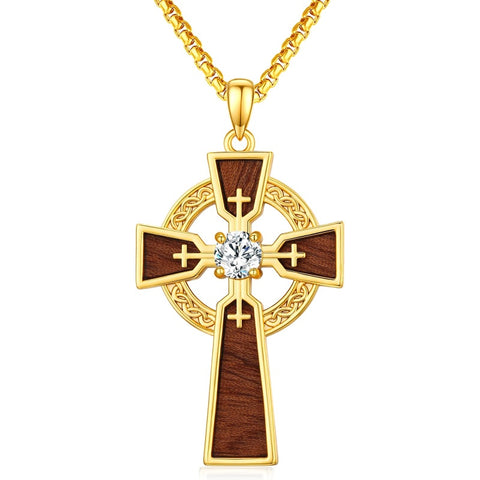 Wood 14K Gold Plated Cross Pendant Necklace