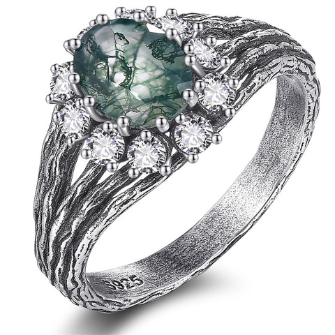 Sterling Silver Moss Agate Moonstone Branch Engagement Wedding Promise Ring  for Her