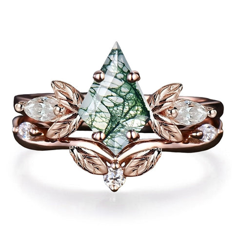Sterling Silver 2CT Moss Agate  Engagement Wedding Ring Sets for Women