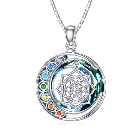 Sterling Silver Crystal Triple Moon Goddess Hamsa Hand Lotus Tree of Life Flower of Life Chakra Pendant Necklace