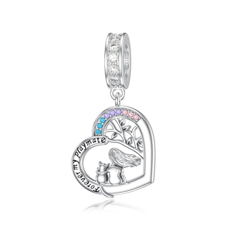 Sterling Silver Cubic Zirconia Cat Dog Charm Beads for Bracelets Engraved with Forever My Playmate