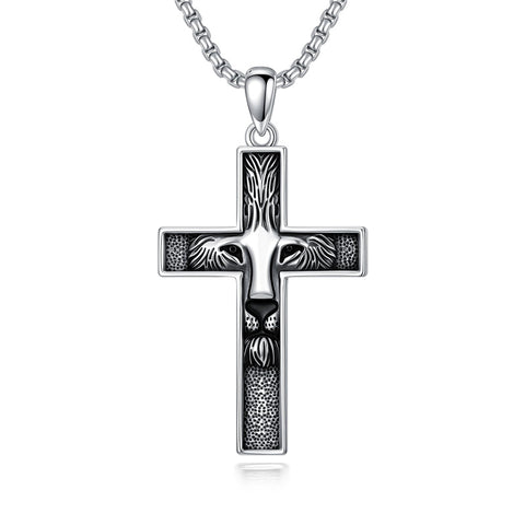 Sterling Silver Wooden Lion Orthodox Sword Wolf Cross Pendant Necklace