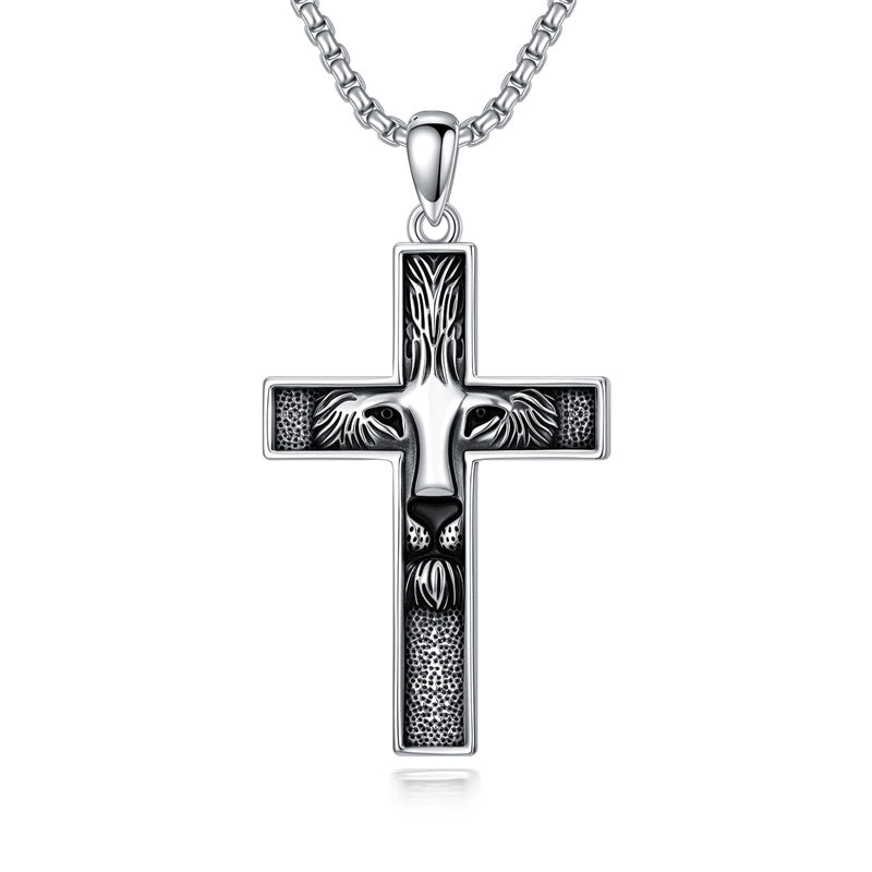 Sterling Silver Wooden Lion Orthodox Sword Wolf Cross Pendant Necklace