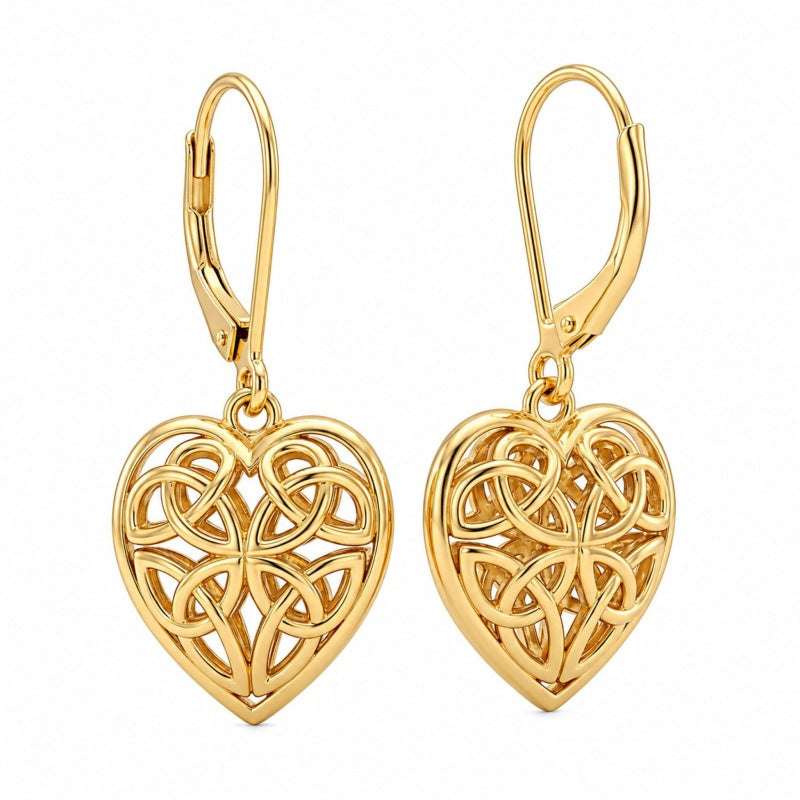14K Gold Plated Celtic Knot Openwork Heart Leverback Earrings Christmas Birthday Gift