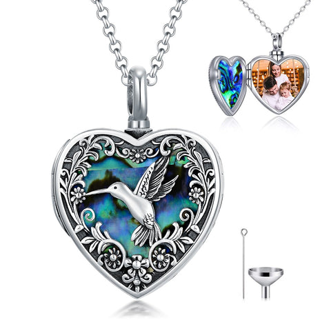 Hummingbird Urn Locket Necklace for Ashes Sterling Silver Pictures Heart Photo Necklace Abalone Shell Cremation Jewelry