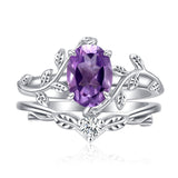 Sterling Silver Oval Shaped  Leaf Gemstone Engagement Rings Set for Women