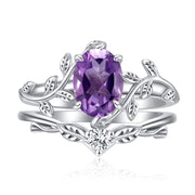 Sterling Silver Oval Shaped  Leaf Gemstone Engagement Rings Set for Women