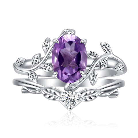 Sterling Silver Oval Shaped  Leaf Gemstone Engagement Rings Set for Women