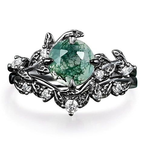 Sterling Silver 10K 14K 18K Gold 2CT Moss Agate Vine Leaf Women's Bridal Ring Sets for Wedding Engagement