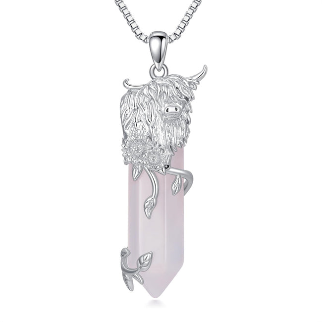Highland Cow Necklace 925 Sterling Silver Quartz Healing Crystal Cow Necklace Highland Cow Jewelry Gifts for Women Girls