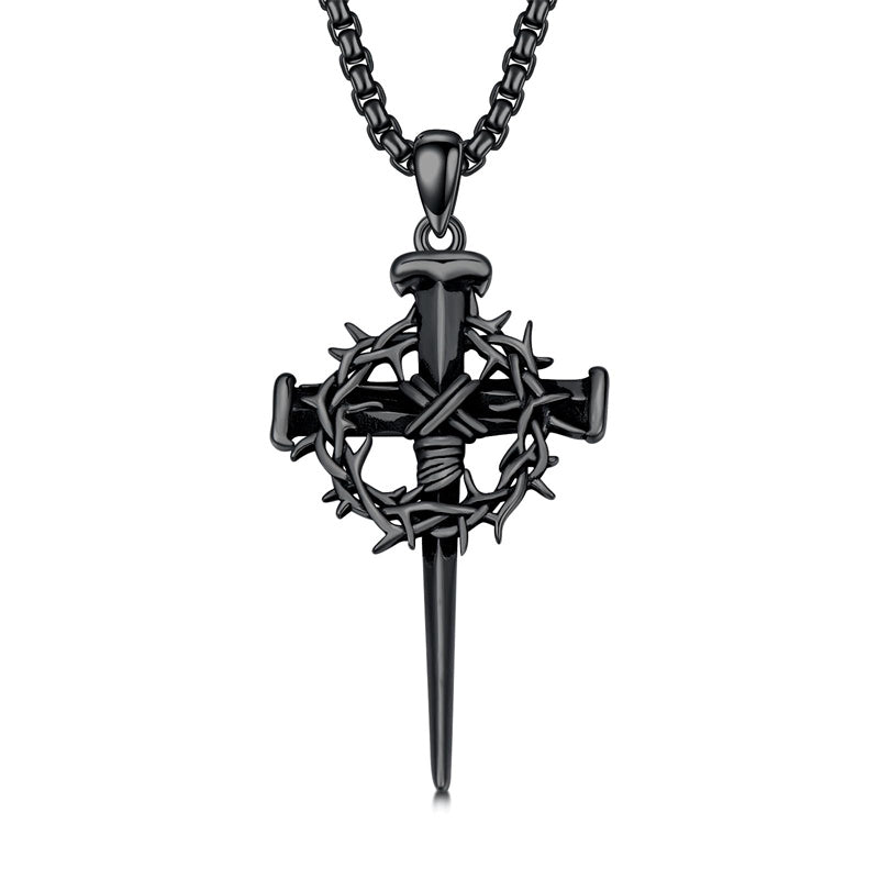 Sterling Silver Crown of Thorn Three Nail Cross Pendant Necklace