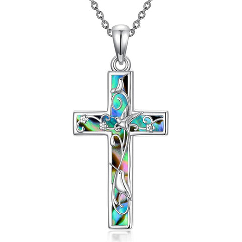Sterling Silver Abalone Shell Bee Butterfly Dragonfly  Hummingbird Ladybug Cross Pendant Necklace for Women