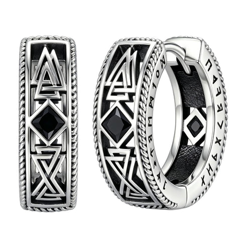 14K Gold Plated  Cubic Zircon Norse Viking Runes Hoop Earrings Viking Jewelry Gift for Men