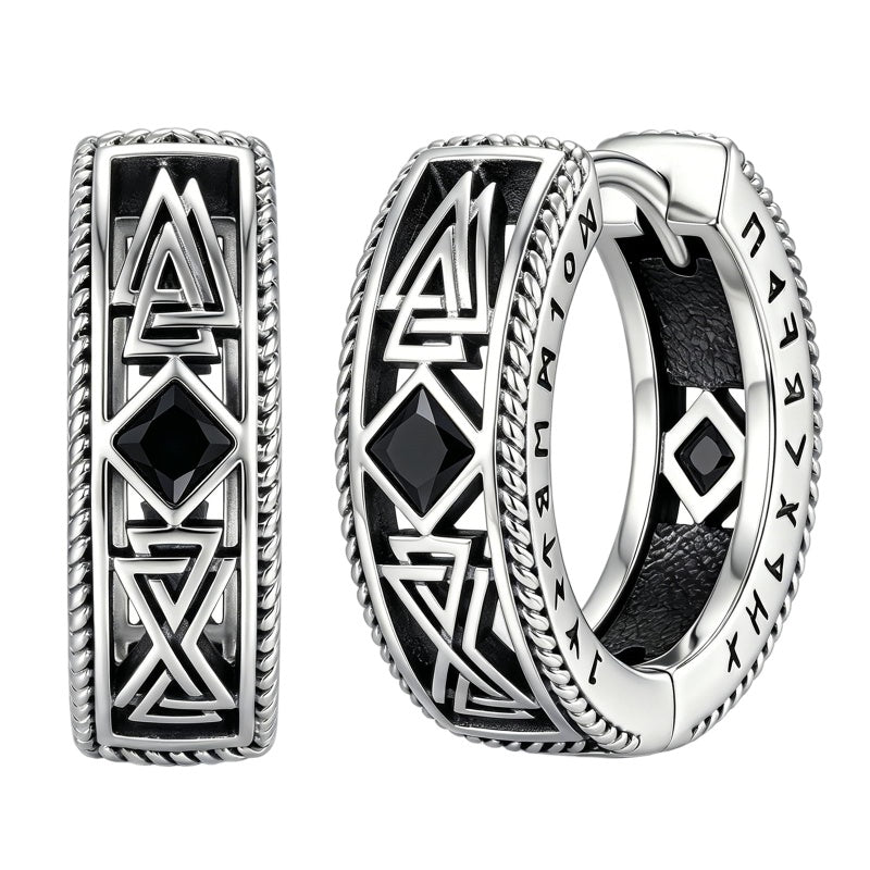 14K Gold Plated  Cubic Zircon Norse Viking Runes Hoop Earrings Viking Jewelry Gift for Men