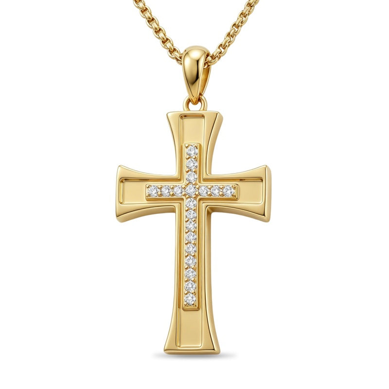 14K Gold Plated Cubic Zircon Cross Pendant Necklace for Men Birthdays Anniversary Christmas Father's Day Gift